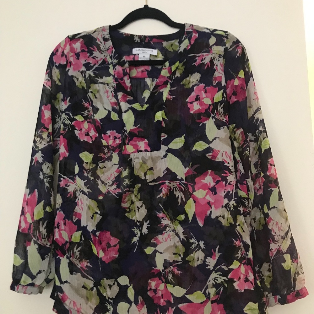 Women's Blouse, Black/Flower Print, Medium Size.